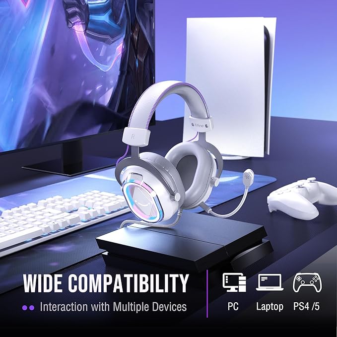 FIFINE USB Gaming Headset: Flowing RGB Lighting - 7.1 Surround Sound - Detachable Mic - Soft Ear Pads, Over-Ear Headset with Control Box, for PC, Laptop, Mac, PS5/PS4 - AmpliGame H13WP (White&Purple)
