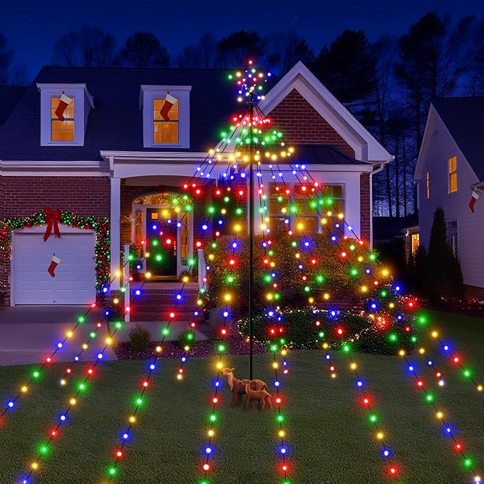 Christmas Tree Lights 340LED with Topper Star, IP67 Waterproof Remote Control Waterfall Lights with Pole, 16 Modes 3 Timers Dimmable Christmas Decorations for Outdoor Yard (Multicolored)