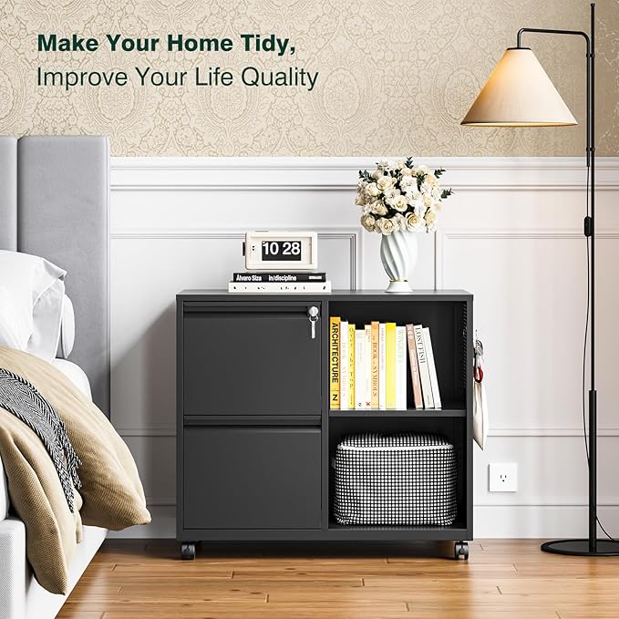 Mobile Lateral File Cabinet,2 Drawer Filing Cabinet with Lock fits A4/F4 or Letter Size for Home Office,Metal Rolling Printer Stand with Open Storage Adjustable Shelves(Black)