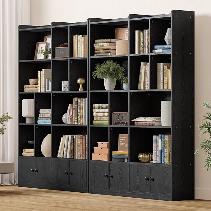 IRONCK Bookshelves and Bookcase, 6 Tiers Large Bookshelf with 4 Doors, Floor Standing Tall Display Storage Shelves for Home Office, Living Room, Bedroom, Black