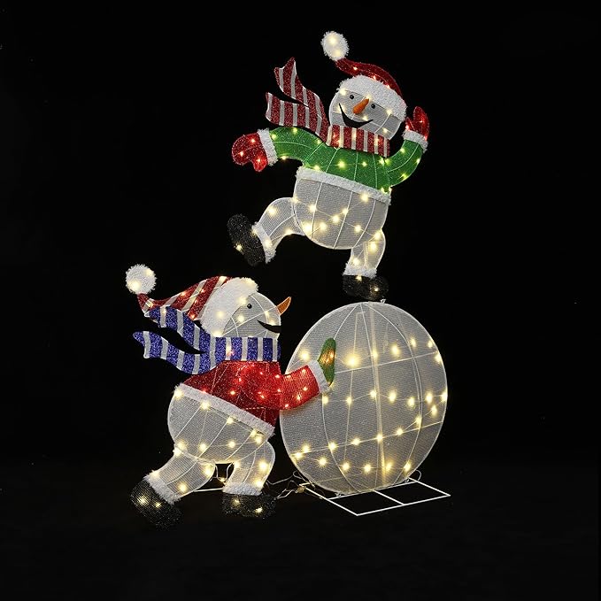 LuxenHome 5.5FT Lighted Snowman Outdoor Christmas Decorations, 2D Light Up Snowman on Snowball Christmas Decor with 140 LED Lights, Xmas Decorations Outdoor, Indoor for Porch, Lawn Holiday Display