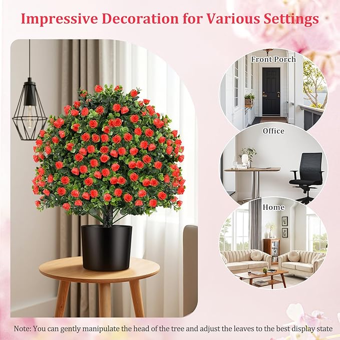 Goplus 21.5’’ Artificial Rose Topiary Ball Tree, Set of 2 Faux Potted Plants Artificial Shrubs Bushes with Flowers, Fake Evergreen Artificial Topiary for Indoor Outdoor Home Front Porch Decor