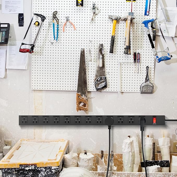 12 Outlet Long Power Strip with 15A Circuit Breaker,Black Wall Mount Heavy Duty Power Strip with 6FT/14AWG/15A/125V Extension Cord for Industrial,Garge,Office,Home and School,Black(6FT)