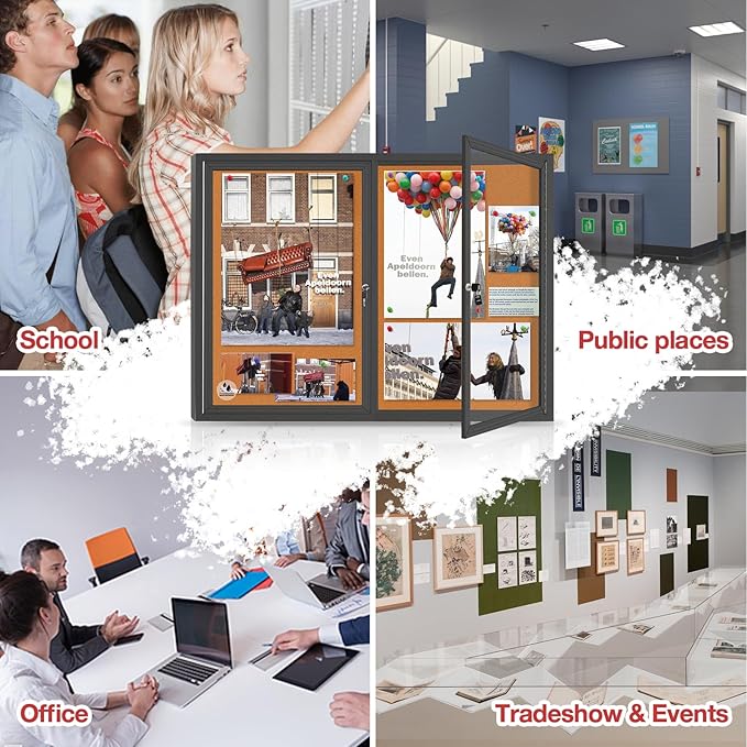 Enclosed Bulletin Board Lockable,Double-Door Weatherproof Outdoor Noticeboard with Locking Door, Wall-Mounted Aluminum Framed Presentation Board, 44x32 Inch (8xA4)