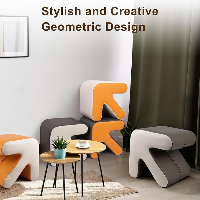 H&B Luxuries Ottoman, Foot Stool with Creative Shape, Napa Leather Ottomans, Removable Outer Foot Rest, No Assembly Required, Ottoman for Living Room, Bedroom, Entrance, Gray White