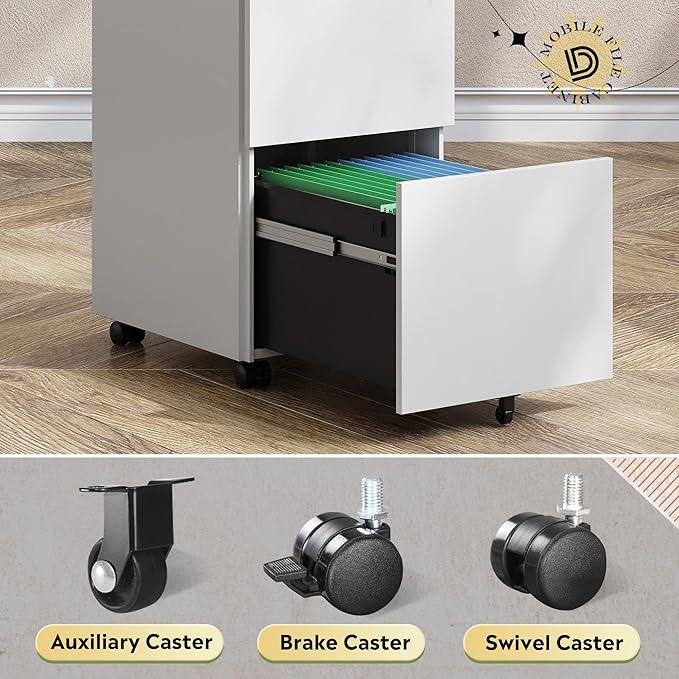 DEVAISE 2-Drawer Rolling File Cabinet with Lock, Metal Filing Cabinet for Home Office, Fully Assembled Under Desk, White, 17" D x 15" W x 27" H
