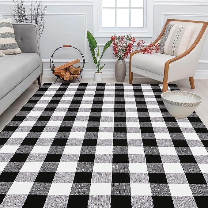 Buffalo Plaid Outdoor Rugs, 5'x7' Black and White Checkered Area Rug, Washable Cotton Woven Indoor/Outdoor Rug for Farmhouse/Patio/Front Porch/Living Room/Laundry Room/Bedroom Décor