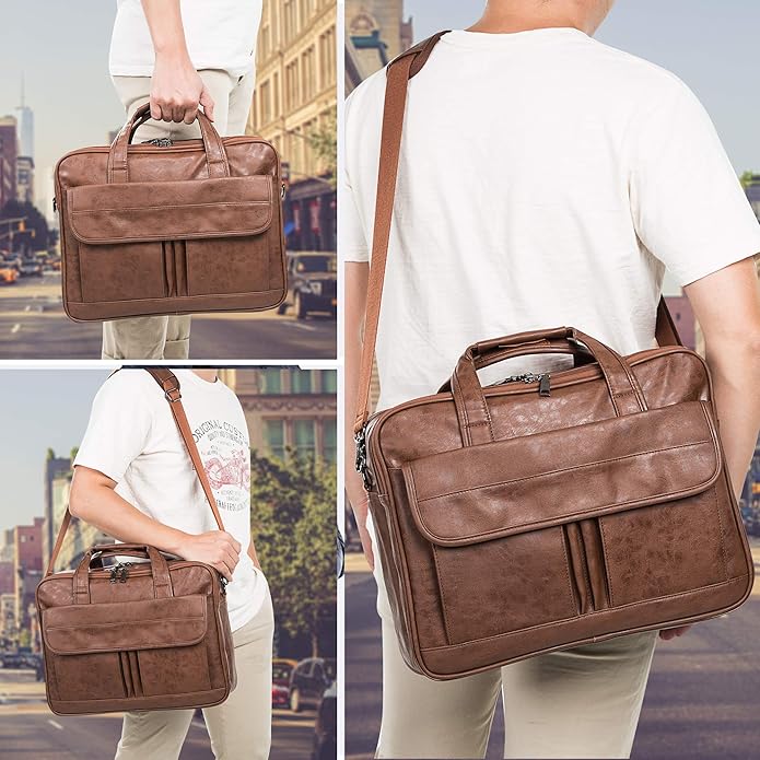 seyfocnia Men's Business Travel Briefcase Leather Handmade Messenger Bags Laptop Bag