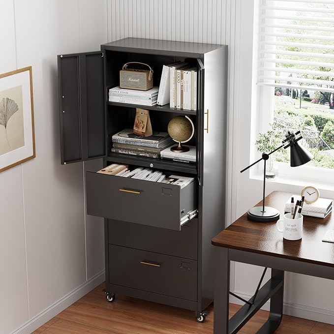 Aobabo Metal 3 Drawers Lateral File Storage Cabinet and Unit Adjustable Shelf Organizer, Steel Files Cabinet with Wheels, 2 Door Storage for Office Legal/Letter A4 Size, Assembly Required, Black