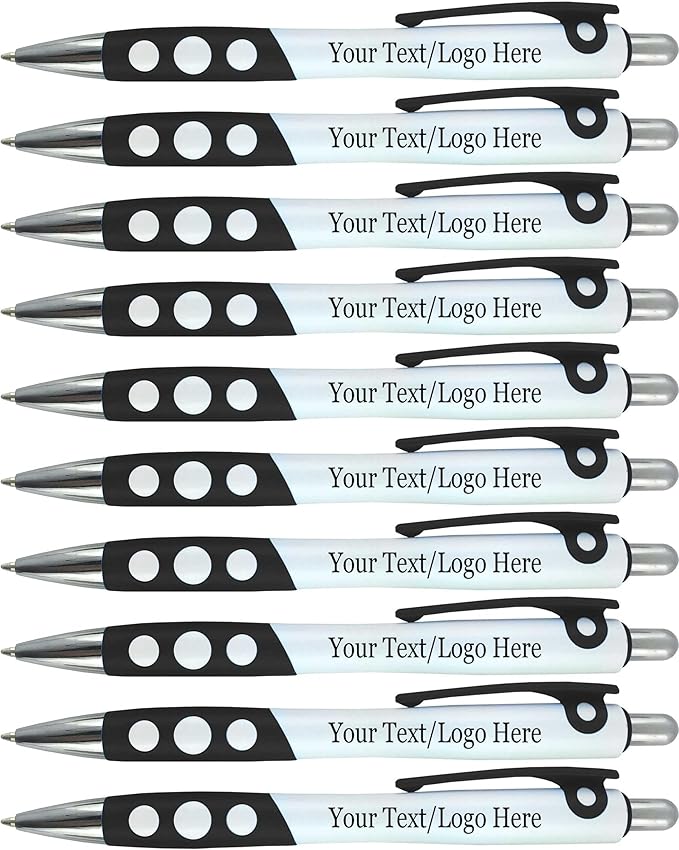 SyPen Personalized Ballpoint Pens With Custom Logo/Text-350 Pack Bulk-for Businesses, Parties, & Events, Custom Printed, White Barrel with Matching Colored Clip and Grip, Click Pens, Black Ink, Black