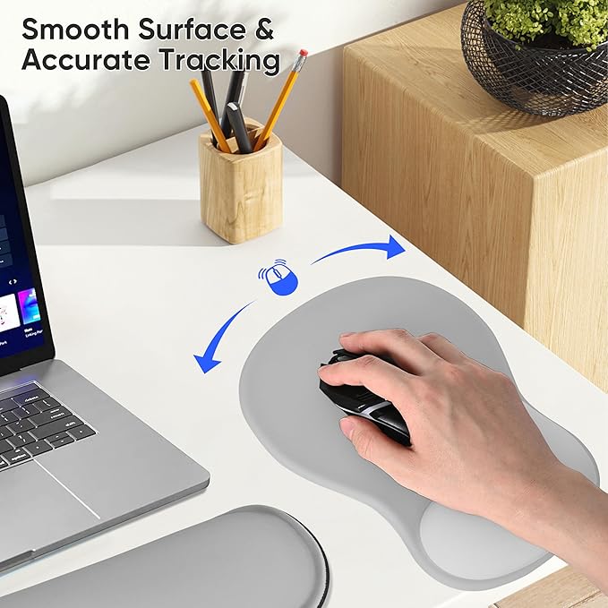 Wrist Rest Support for Mouse Pad Keyboard Set Circle Coaster Gaming Mouse Pad Ergonomic Gel Memory Foam Set for Computer, Laptop, Office, Pain Relief, Comfortably Typing Grey KM-31