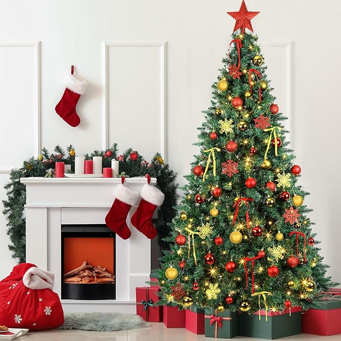 86Pcs Led Light Red and Gold Christmas Tree Decorations Set 100 Led Light Christmas Star Trees Topper with String Lights Xmas Balls Snowflakes Ornaments Bows Xmas Trees Decor 20m Light String