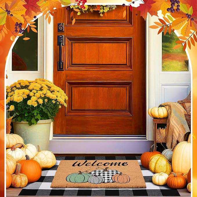 2 Pcs Thanksgiving Coir Doormat Outdoor Fall Pumpkin Welcome Outdoor Rugs for Layered Buffalo Black White Plaid Mats for Autumn Fall Front Door Porch Entryway Decor