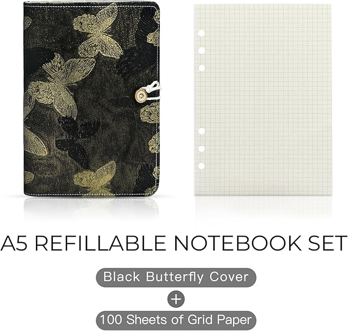 Refillable A5 Loose Leaf Hardcover Notebook, Luxury Gleaming Embroidered Butterfly Black & Gold 6-Ring Planner with Grid Pages, Deluxe Hardcover Gift Set Journal for Study, Work.