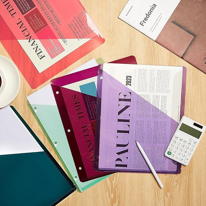 Maitys 50 Pack Binder Pockets 3 Hole Punch Clear Plastic Document Folders Binder Organizer Store Letter Size 8.5x11 Inch Paper Folders with Pockets Slash File Jacket for Office (Happy Color)