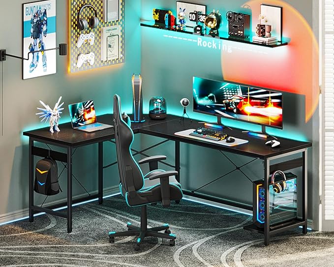 Coleshome 66" L Shaped Gaming Desk, Corner Computer Desk, Sturdy Home Office Computer Table, Writing Desk, Larger Gaming Desk Workstation, Black