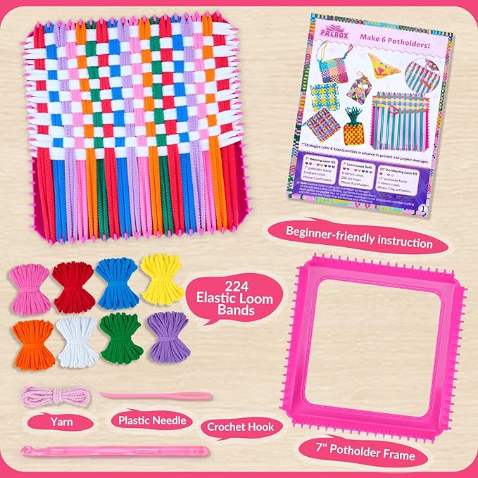 PREBOX Weaving Loom Kit Toys for Kids and Adults, Potholder Loops Crafts for Girls Ages 6 7 8 9 10 11 12, 7" Pot Holder Loom Knitting Kits and Gifts for Kids and Beginners, Make 6 Masterpieces