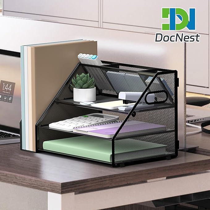 Docnest 3 Tier Paper Letter Tray, Metal Mesh Desk Organizer with Handle Builtin Pen Holder Space Saving Desktop File Storage for Office Supplies Black