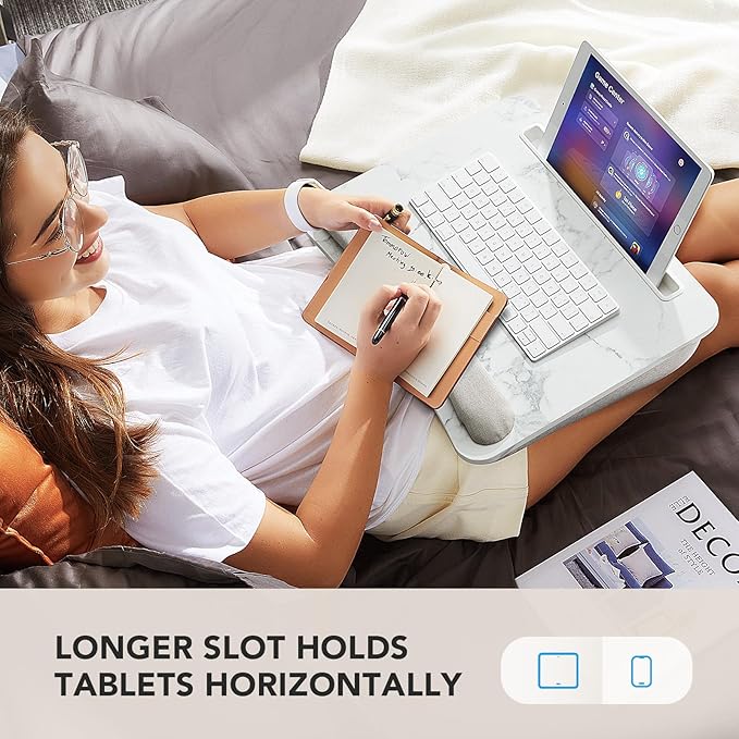 HUANUO Lap Laptop Desk - Portable Lap Desk with Pillow Cushion, Fits up to 15.6 inch Laptop, with Anti-Slip Strip & Storage Function for Home Office Students Use as Computer Stand - Marble