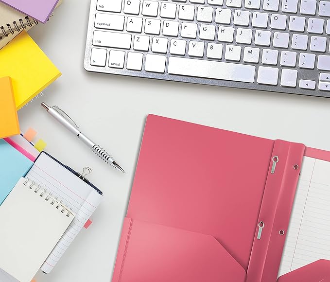 Better Office Products Pink Plastic 2 Pocket Folders with Prongs, Heavyweight, Letter Size Poly Folders, 24 Pack, with 3 Metal Prongs Fastener Clips, Pink