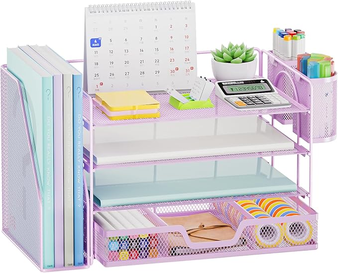 Marbrasse Desk Organizer and Accessories,4-Tier Paper Letter Tray Organizer with File Holder, Workspace Desk Organizers Accessories with Drawer and 2 Pen Holder (Purple, 15.4" x 9.1" x 8.3")