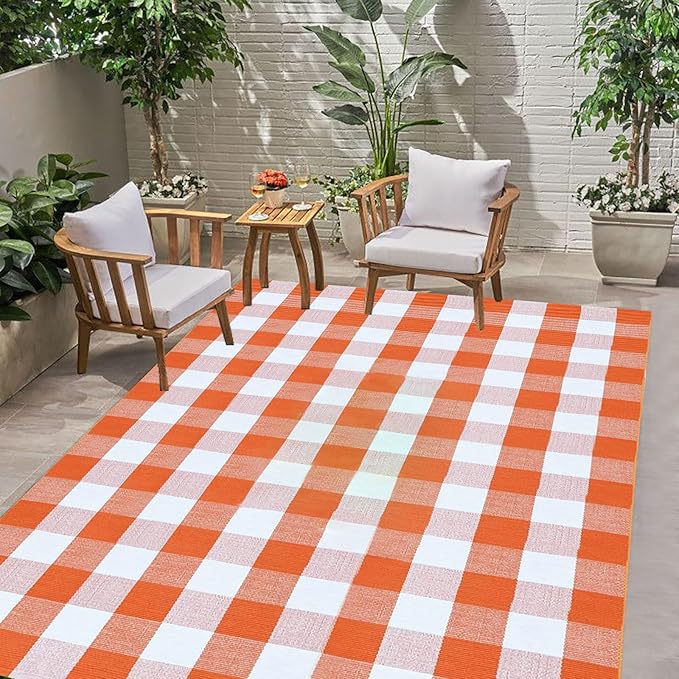Buffalo Plaid Outdoor Rugs, 4' x 6' Orange and White Checkered Indoor/Outdoor Area Rug, Layering Rug for Hello/Welcome Door Mat, Washable Cotton Woven Farmhouse Mat for Fall Front Porch Décor