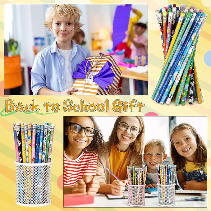 Sabary 100 Pcs Assorted Wood Pencil Bulk 50 Styles #2 HB Colorful Novelty Fun Dinosaur Animals Fruits Sports Pencils with Erasers Back to School Supplies for Kids Student Teacher Classroom Reward