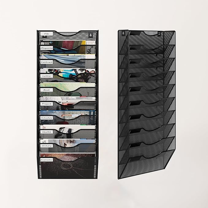 10 Tier Hanging Wall File Holder, Metal A4 Wall Mounted Document Holder, Vertical Hanging Mail Organiser, Magazine Storage Rack with Tray for Office Home Classroom, Black