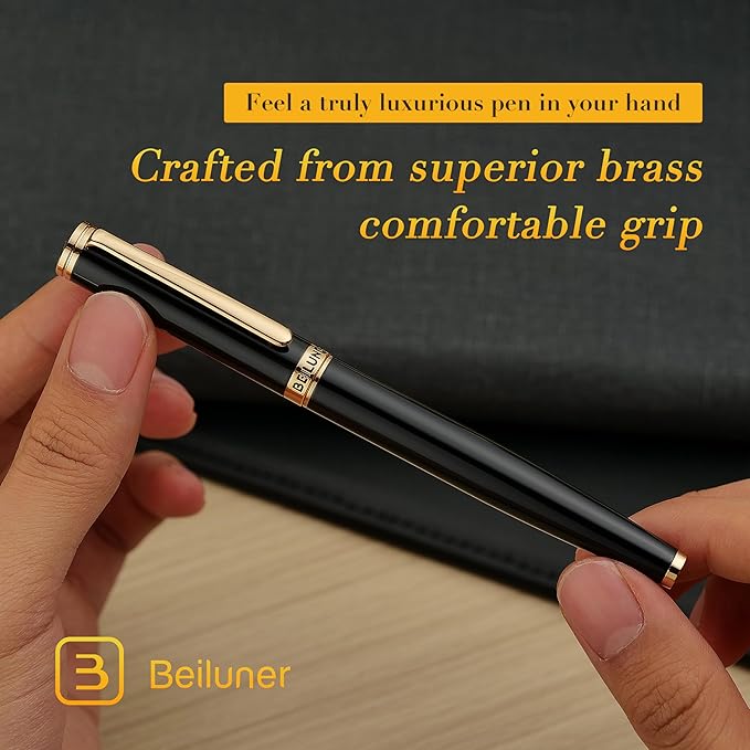 BEILUNER Black Fountain Pen,Stunning Luxury Piano Lacquer,24K Gilded Nib(Fine),Gorgeous 24K Gold Finish, Ink Converter,Trustworthy Gift for Men&Women-Elegant, Reliable,Executive,Nice Pens for Writing