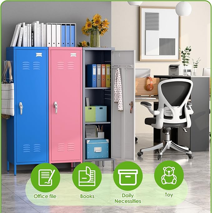 Aobabo Metal 54" H Metal Storage Locker for Employees, Lockable 1 Door with Towel Rack and 2 Side Pegboards with Hooks for School Office Gym Home, Assembly Required (Pink)
