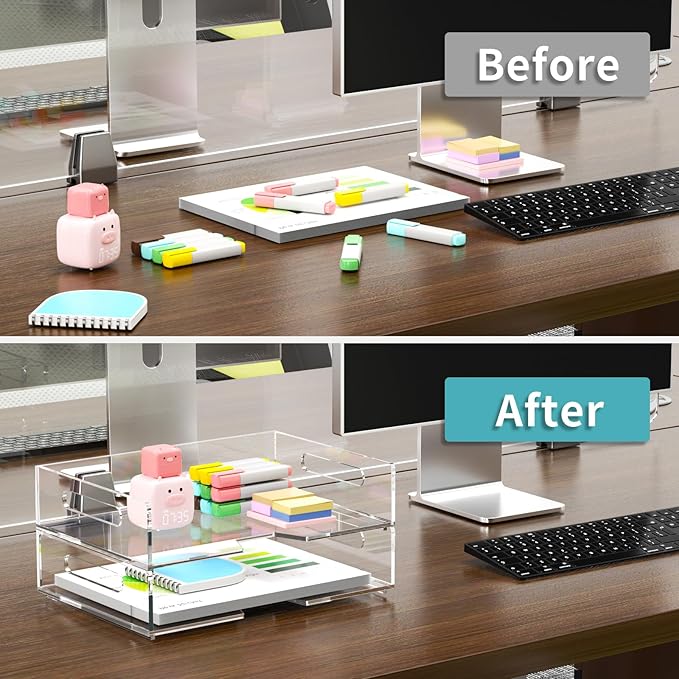 HIIMIEI Acrylic Paper Tray 2 Pack Clear Letter Tray Desk Stackable Organizer for School, Home, Office - Horizontal