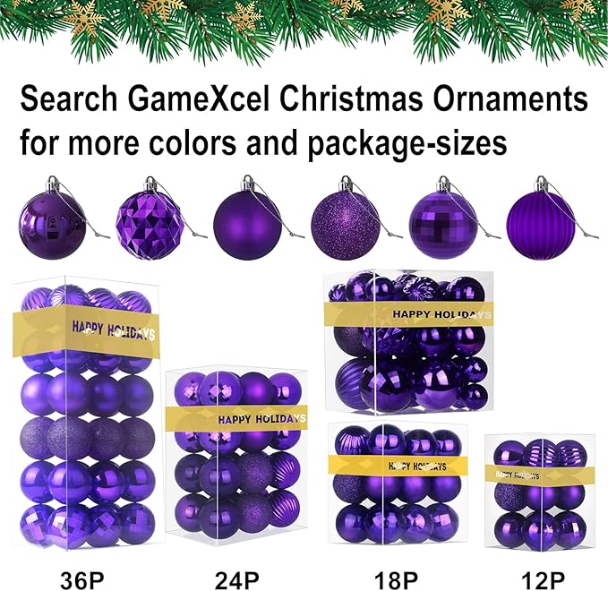 Purple Christmas Ornaments - Christmas Tree Decorations Shatterproof Hanging Balls for Birthday Wedding Holiday Decor Set of 36pcs, Multi-Sizes(1.6",2.5",3.2")