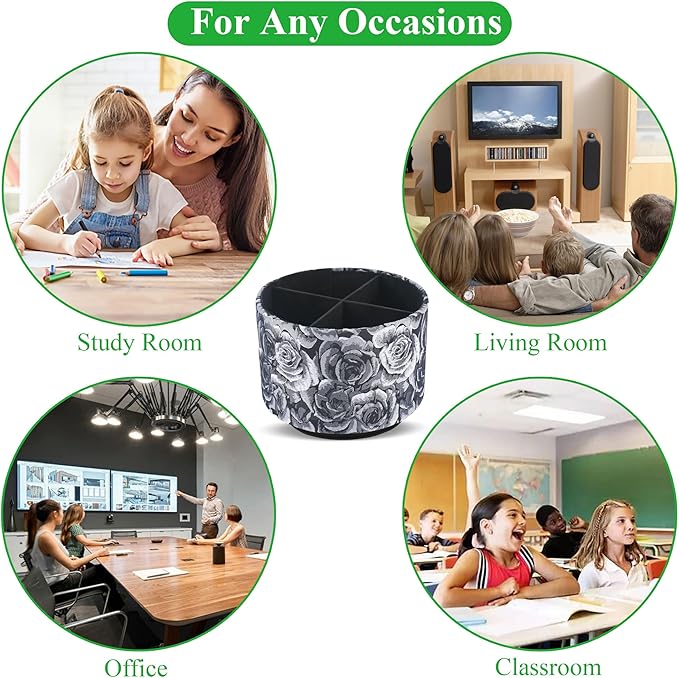 QIELIZI Round Leather Art Supply Organizer,Remote Control Holder,360 Degree Rotating,Multi-Functional Pencil Holder,4 Compartments Desktop Stationary Organizer(1-3D Black Grey)