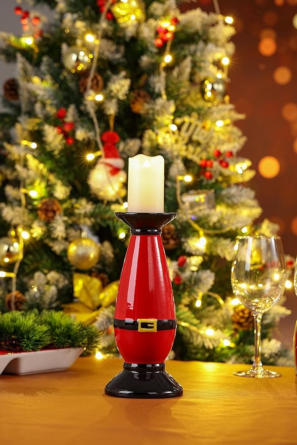 Set of 2 Christmas Hand-Painted Ceramic Large Candle Holders for Pillar Candles (Santa's Belt)
