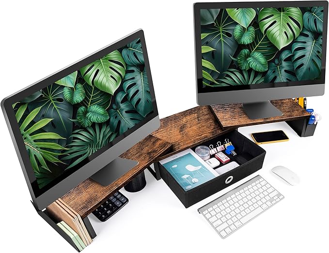 Dual Monitor Stand Riser With Drawer, Office Desk Organizers And Accessories, Computer Monitor Riser For 2 Monitors For Desk, Monitor Shelf With Adjustable Length & Angle