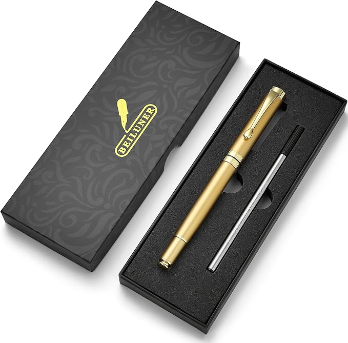 BEILUNER Personalized Ballpoint Pens, Stunning Bright Silver Chrome Metal Pen with Golden Trim, Fancy Ball Pen Gift Set for Men & Women, Graduation,Office, Nice Gift Box with 0.5mm Black Spare Refill
