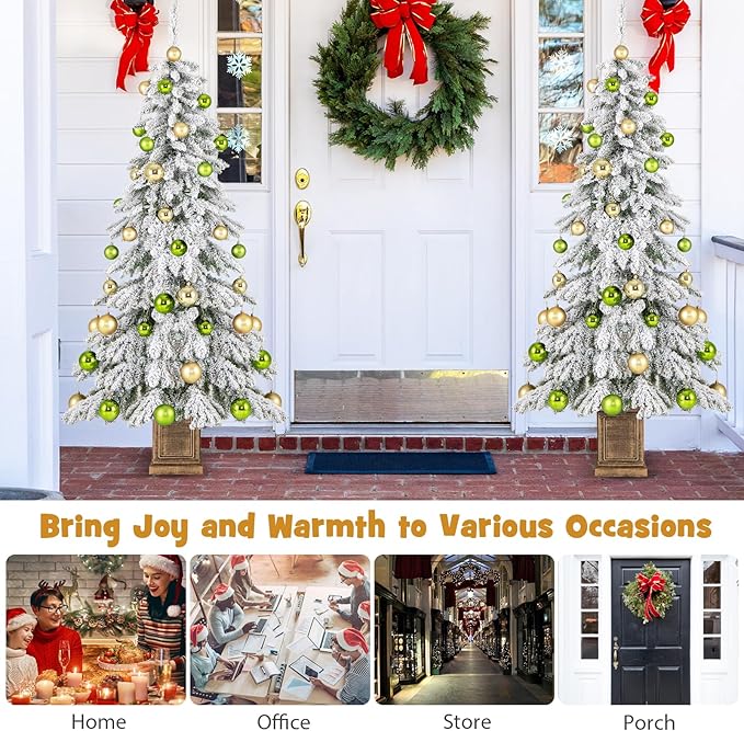 Goplus 6ft Snow Flocked Christmas Tree for Entrances, Hinged Artificial Potted Xmas Tree with 48 Ball Ornaments, 589 Branch Tips, Golden Urn Flowerpot, Front Door Porch Home Office Holiday Decoration