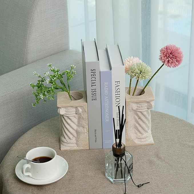Roman Column Book Ends Decorative, 4-in-1 Heavy Duty Marble Bookend for Shelves, Unique Pen Holder & Mini Flower Vase, Classic Greek Statue for Office Home Desk Decor (2PC, Beige)