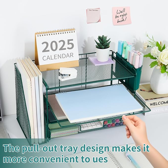 OPNICE Desk Organizer and Accessories, 4-Tier Desktop File Organizer with Drawer and 2 Pen Holders, Office Desk Accessories, File Sorters, Workspace Organizers for Office Supplies(Dark Green)