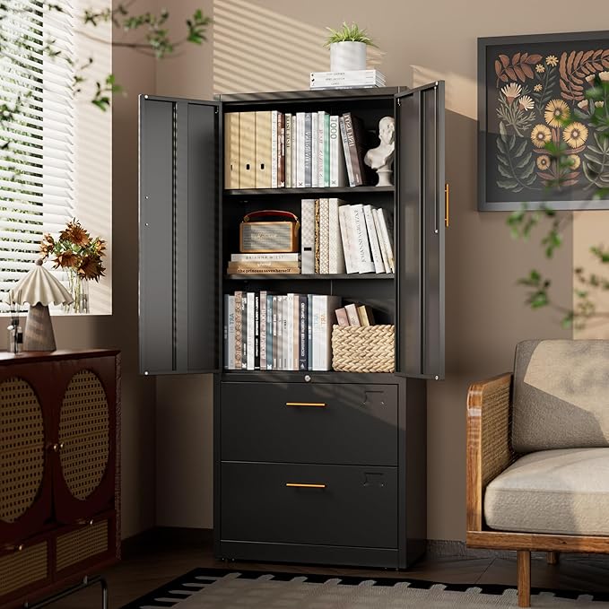 2 Drawer Lateral File Cabinet with Lock, Metal Filing Storage Cabinet with Locking Doors and 2 Adjustable Shelves for Home, Office, School, Fits A4/Letter/Legal Size Folders, Assembly Required