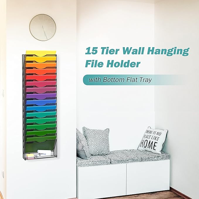 16-Tier Wall Mounted Hanging File Organizer Wall File Holder Metal Mesh Vertical Magazine Rack Classroom Office Organization