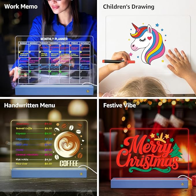 LED Note Board with 8 Colors,Acrylic Dry Erase Board with Light, Clear Monthly/Weekly Calendar, Led Drawing Board for Kids with Stand, 8 Markers, Adapter, Soft Cloth, Holiday Trend Gift (Blue)