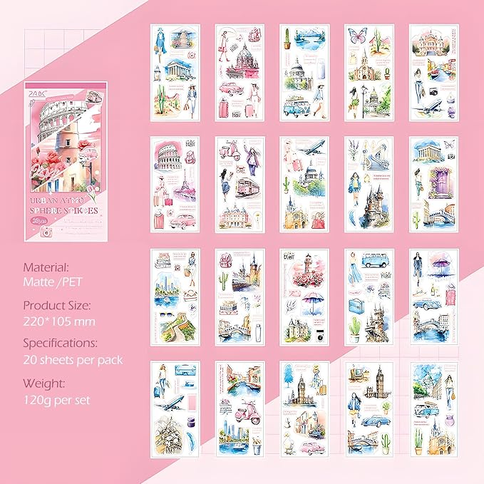 Snycler Pink City Series Sticker Book - 20 Sheets Vintage PET Stickers for Scrapbooking, Junk Journaling, Ephemera, and Decorative Crafts - Pre-Cut Urban Design Stickers