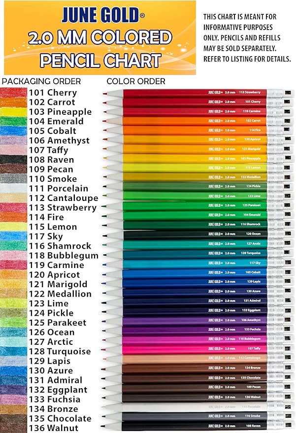 June Gold 36 Yellow (Pineapple #103) Colored 2.0 mm Lead Refills, Bold Thickness for Heavy Use, Break Resistant with a Convenient Dispenser