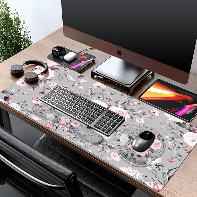 iCasso Large Mouse Pad Wrist Support Set, 4in1 XXL Big Mousepad + Keyboard Wrist Rest + Mouse Wrist Rest + Coaster Set with Ergonomic Design Gaming Mat for Home Office Table Computer - Pink Floral