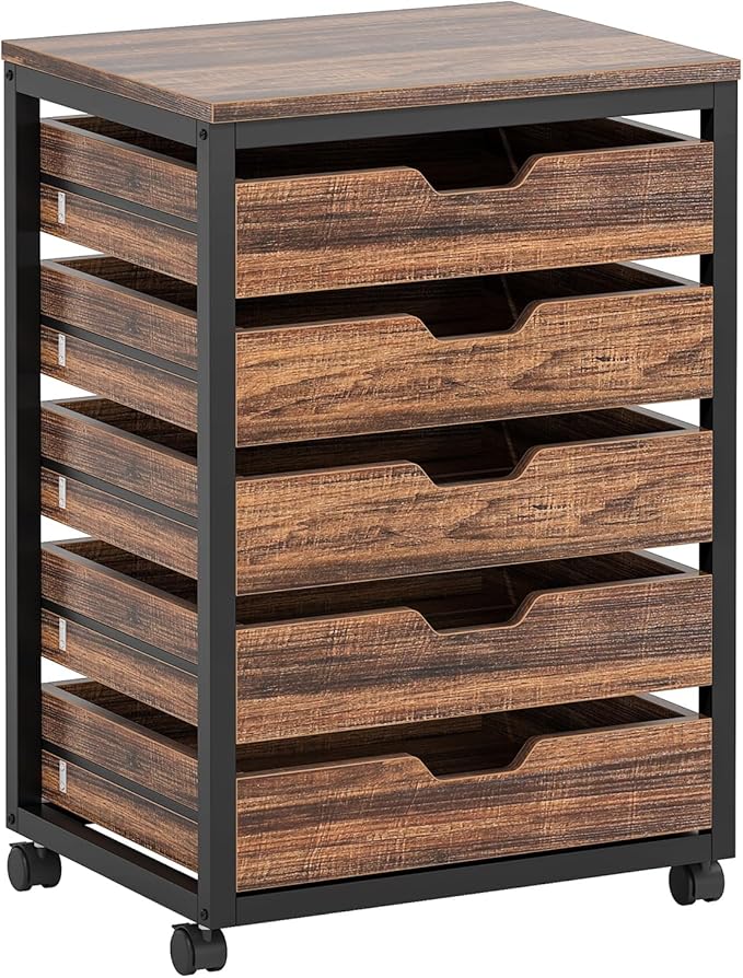 Tribesigns 5 Drawer Chest, Wood Storage Dresser Cabinet with Wheels, Industrial Storage Drawer Organizer Cart for Office Bedroom Entryway (Rustic Brown, 1 PC)
