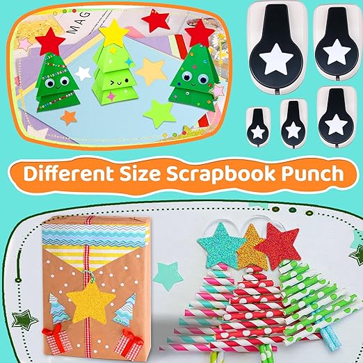 Star Hole Punch, Star Punches for Paper Crafts, Stars Paper Puncher Shape, 1 inch Stars Punch for Crafting, Large Hole Puncher, Scrapbook Punches 2 in, 1.5 in, 1 in, 5/8 in, 3/8 in - 5 Pcs