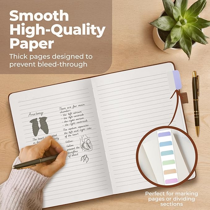 Thick Lined Journal Notebook 8.5x11" with Big A4 Hardcover Leather - Brown - 300 Pages College Ruled Large with Sticky Tabs, Pockets, and Pen Loop for Writing and Journaling - Hardback Men and Women