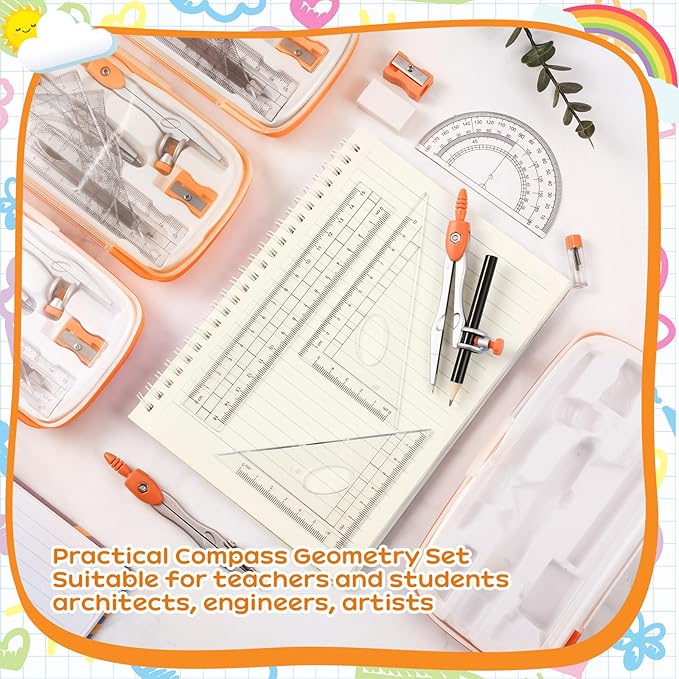 Teling 12 Sets Math Geometry Kit for Students 10 Pcs Compass Geometry Tools Set Includes Rulers Protractor Compass Eraser Pencil Sharpener Lead Refills Pencil (Orange)