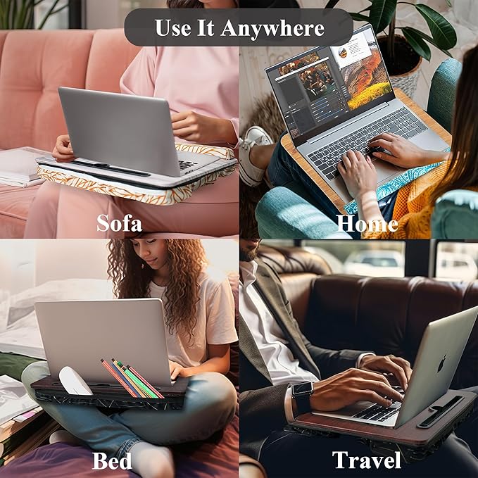 Lap Desk,Fits up to 15.6 inch Laptop Bed Table Computer with Soft Pillow and Storage Bag,Gaming Tray and Writing Tray on Bed for Home Office(2-Dark Brown)